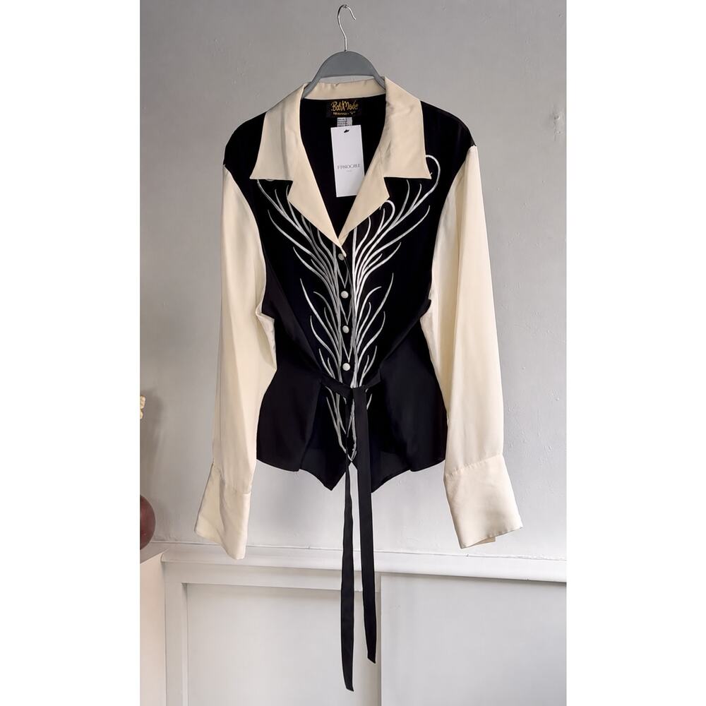 Vintage Bob Mackie Black & White Silk Embroidered Button-Up Shirt - NWT